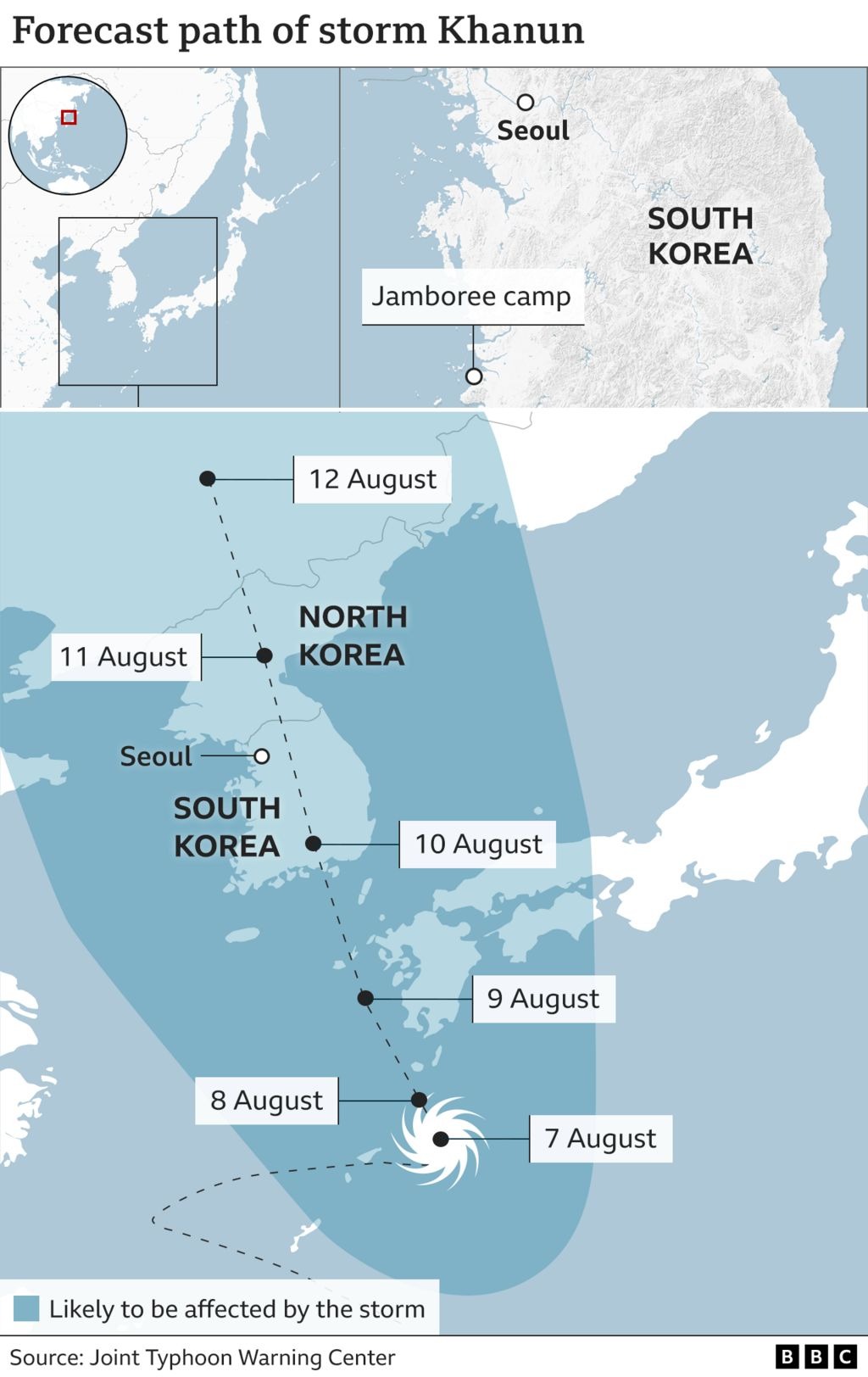 A map showing the path of a storm forecast to hit South Korea